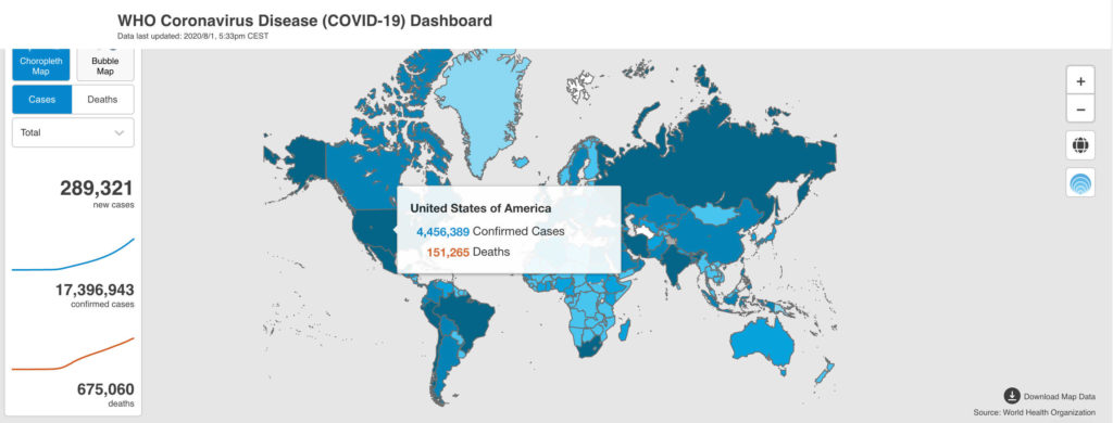 WHO Coronavirus Disease Dashboard - Screenshot taken August 1, 2020